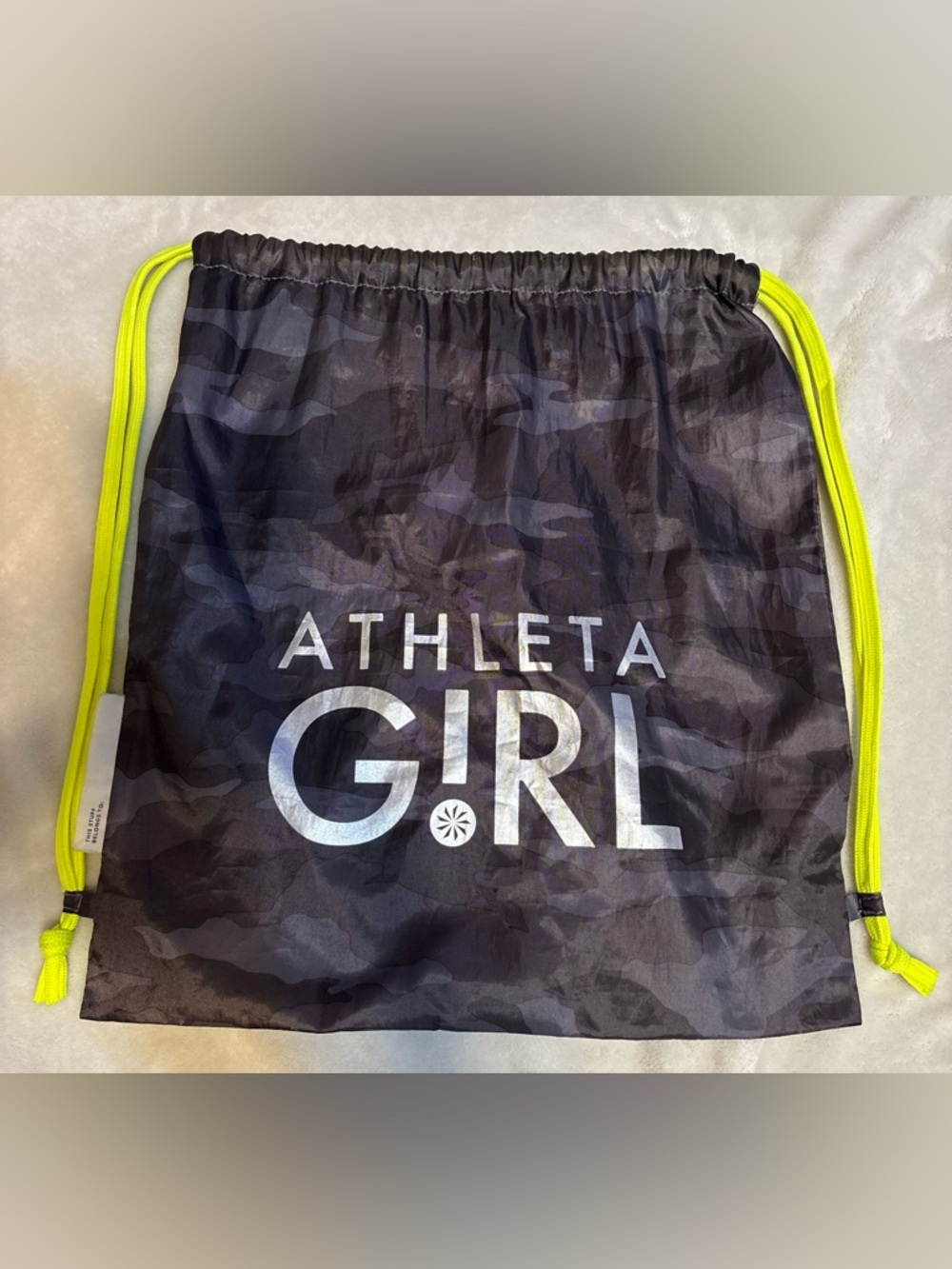 Athleta Black Camo Drawstring Gym Bag with Neon Yellow Cords